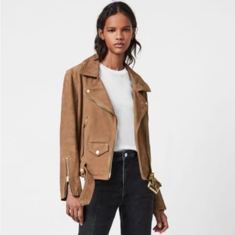 All Saints Luna Suede Biker Jacket XS Tan Brown - Picture 4 of 16